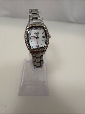 Relic Silver-Tone Women's Watch with Crystal Bezel and Shimmering Dial